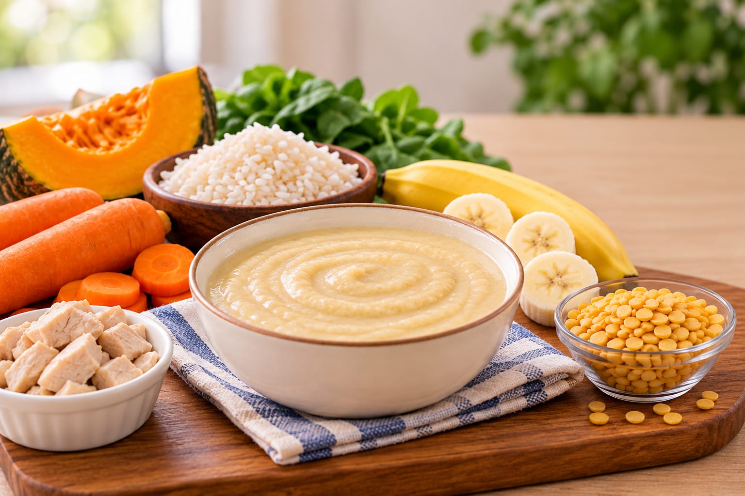 A bowl of smooth pale puree on a striped cloth, surrounded by pumpkin, carrots, rice, banana, lentils and chicken pieces
