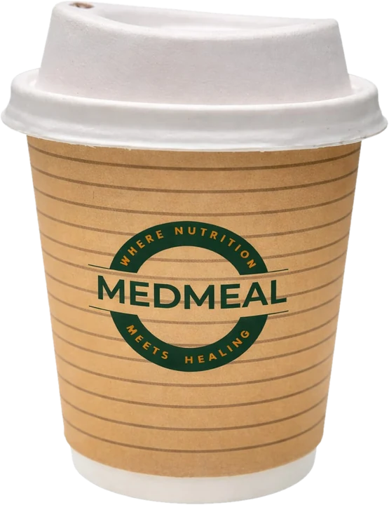 A MedMeal cup with a lid, printed with the words Where nutrition meets healing