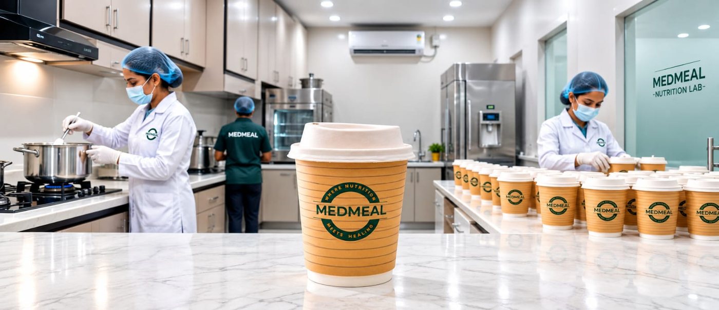 MedMeal team members in hairnets and masks preparing feeds in the MedMeal Nutrition Lab, with a MedMeal cup on the counter